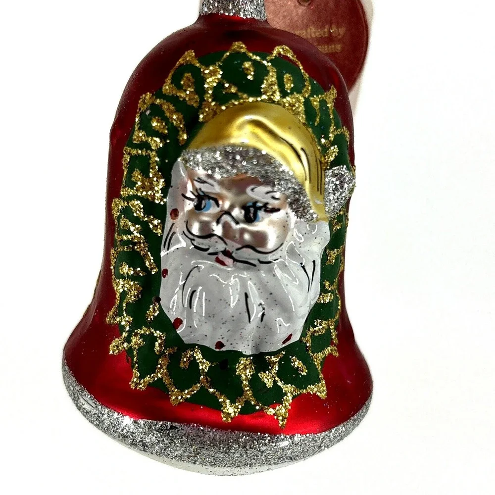 Vintage Christmas Home For The Holidays Glass Hanging Santa Wreath Ornament Bell